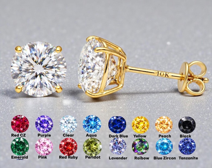 Cubic Zircon 10K Gold Stud Earrings, Round Solitaire Cut, Screw Back 22 GA, Thin Post, comfortable to sleep, Brilliant Cut VVS1 DEF.
