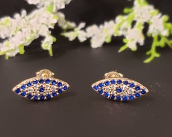 14K Solid Yellow Gold Evil Eye Earring Stud, Hypoallergenic, Jewish Evil Eye Jewelry, Protection Jewelry, Real Gold 1.40 Grams per Pair.