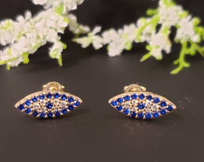 14K Solid Yellow Gold Evil Eye Earring Stud, Hypoallergenic, Jewish Evil Eye Jewelry, Protection Jewelry, Real Gold 1.40 Grams per Pair.