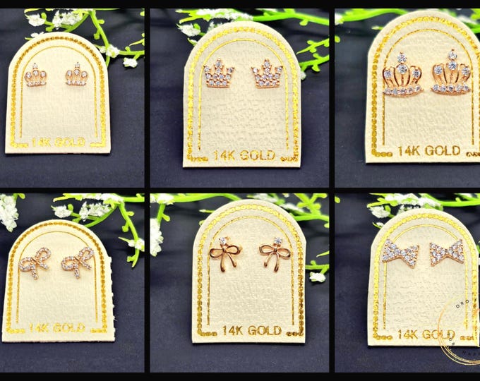 Korean Crown Ribbon 14K Real Yellow Gold  • Baby Secure Screw Backs • Cute Small  Earrings • Kids Girl Gift Birthday Earrings 1 pair.