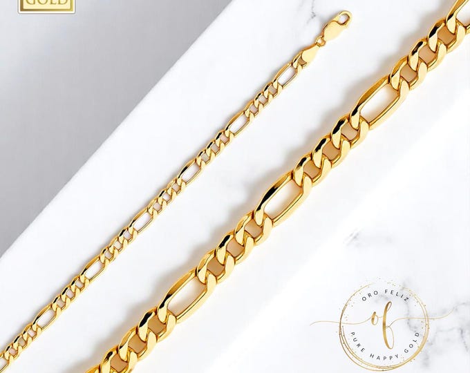 14K Real Gold Italian Hollow Figaro Chain Link Necklace Men's Women's  18"- 24" Width 2.50 mm - 5.00 mm