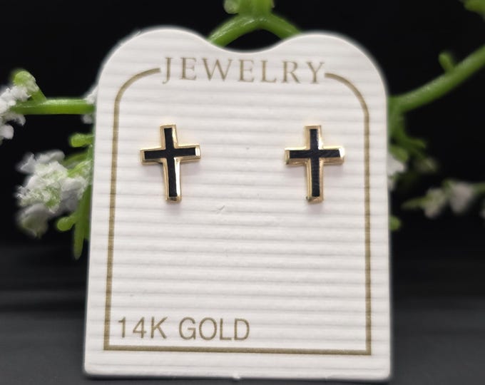 14K Real Yellow Gold •  Cross with Black Enamel• Baby Screw Backs • Earrings Cubic Zirconia • sold 1 Pair Religious Christian Cross Earring.
