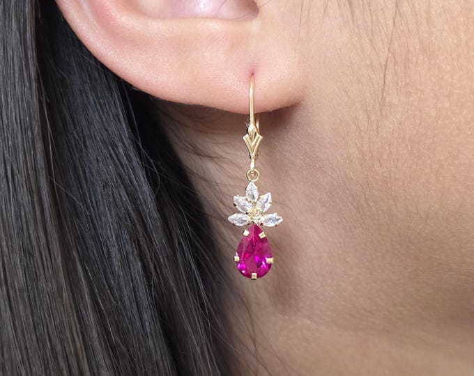 Pear Shape 6x9mm 14K Yellow Gold Earrings Hoops • Fleur De Lis Lever back Earring with Open Ring, Cubic Zirconia with different colors.