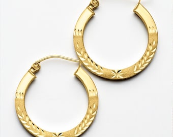 14K Budded Diamond Cut Square Tube Hoop Earrings Diameter 20mm 25mm 30mm sold 1 pair  Real Gold.