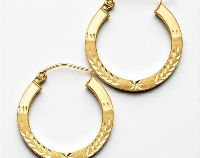 14K Budded Diamond Cut Square Tube Hoop Earrings Diameter 20mm 25mm 30mm sold 1 pair  Real Gold.