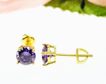 Solid 925 Sterling Silver 3 mm-8mm Round Solitaire With Amethyst  Screw Backing CZ  or Genuine Amethyst