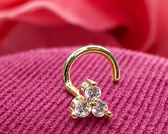 3 Gems 14K Gold Nose Stud Nose Ring with natural gemstone available custom made nose ring.