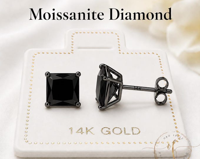 Black Moissanite 14K Real Black Gold Low Basket Thin Post Light Weight Gold Push Backing 22 GAUGE 1 pair earrings