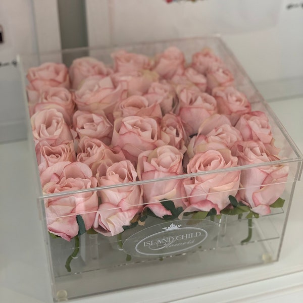 Acrylic Rose Box large 30 blush faux  roses  home decor