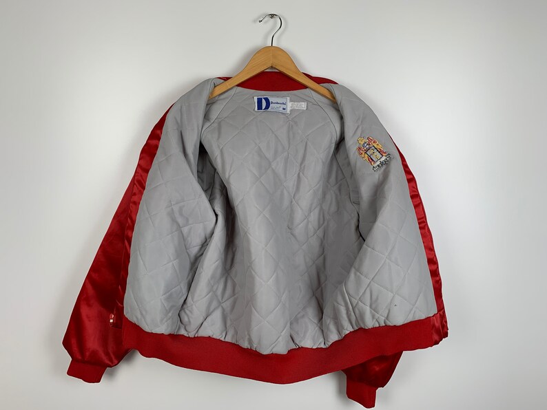 Vintage 80s Dunbrooke Red Satin Bomber Jacket Made in USA England Patch Size M