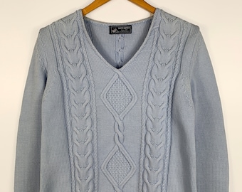 Damen Vintage Saint James Cable Pullover V-Ausschnitt Baumwolle Pullover Blau US 8