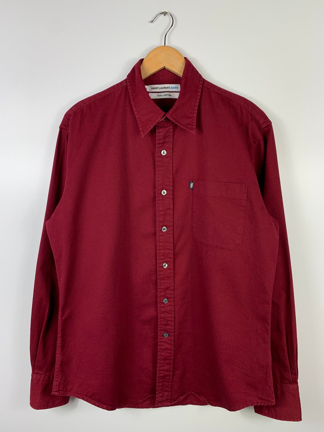 Mens Saint Laurent Jeans Button Down Cotton Shirt Burgundy Size L 