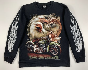 Vintage Wild Double Sided Eagle Wolf Motorcycle Flames Mangas Sudadera Tamaño M