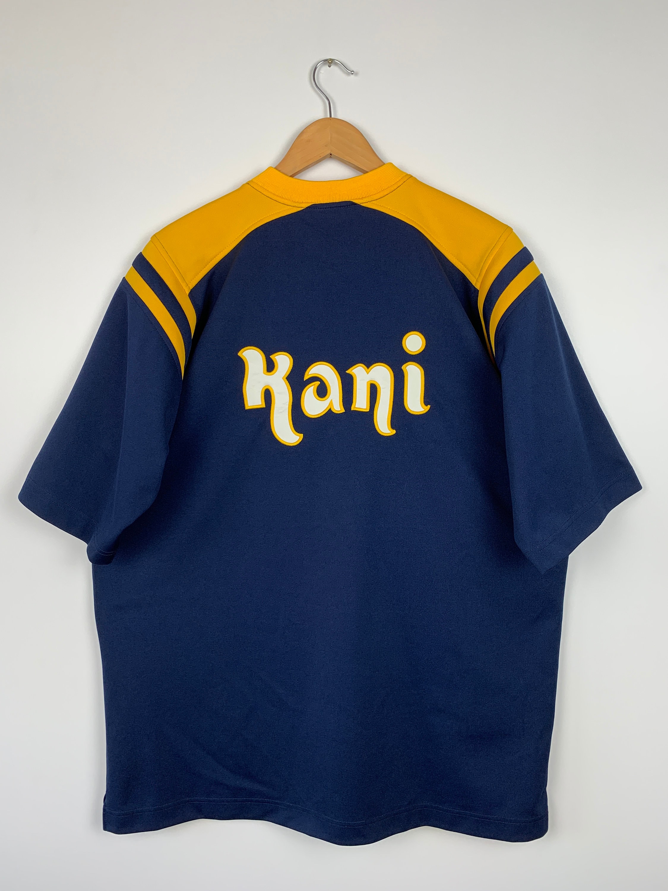 Vintage Karl Kani Endurance #89 T-shirt Jersey Blue Yellow Jersey
