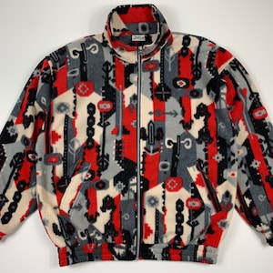 Vintage Fleece Sweater Crazy Pattern Colorful Retro Sweatshirt Oversize Hipster Mens Style Multicolor Rave 90s Hot Sportwear Size M