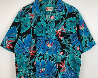 Camisa masculina hilo hattie havaiana de manga curta com botões, padrão floral colorido, blusa multicolorida de verão 90s, tamanho raro e autêntico xl
