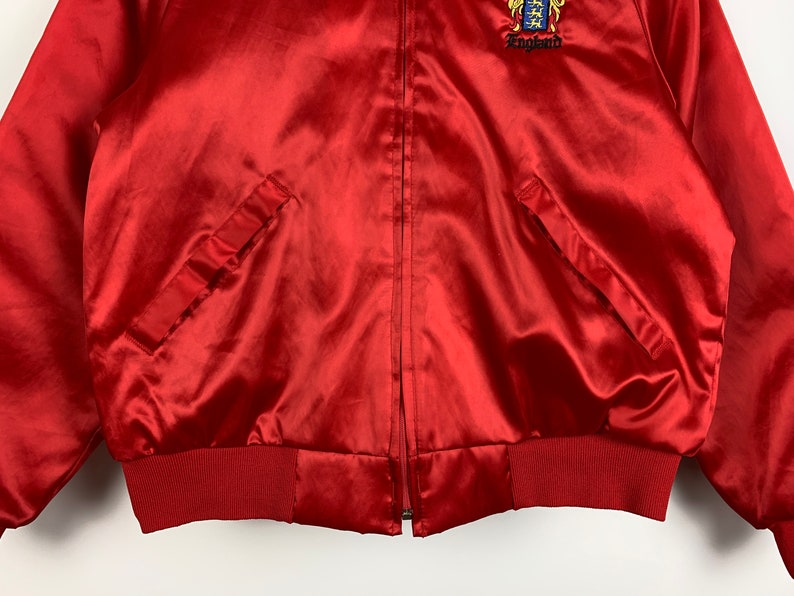 Vintage 80s Dunbrooke Red Satin Bomber Jacket Made in USA England Patch Size M