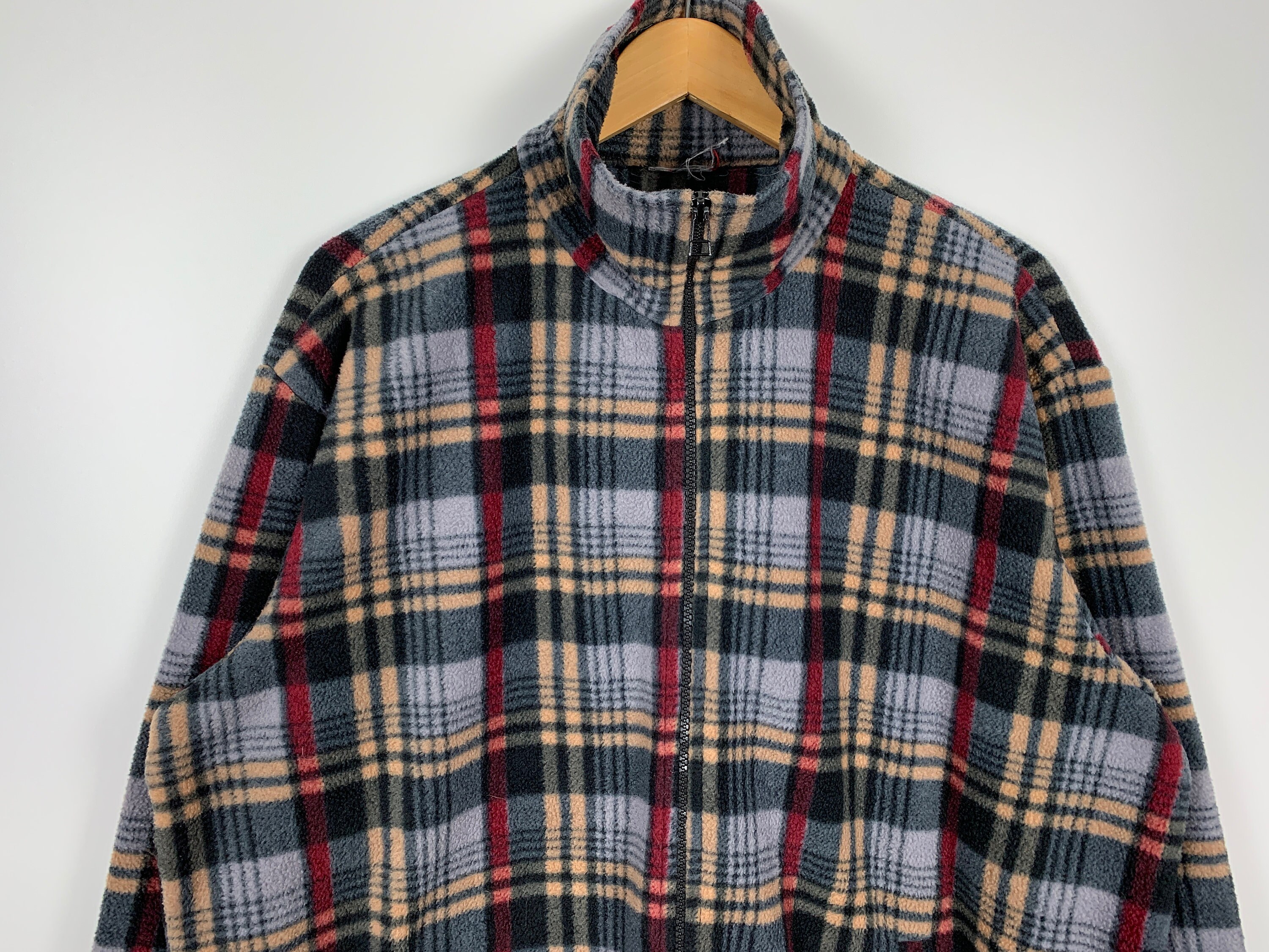 Vintage Fleece Sweater Crazy Check Pattern Plaid Pullover Vintage Fleece Sweater Crazy Check Pattern Plaid Pullover