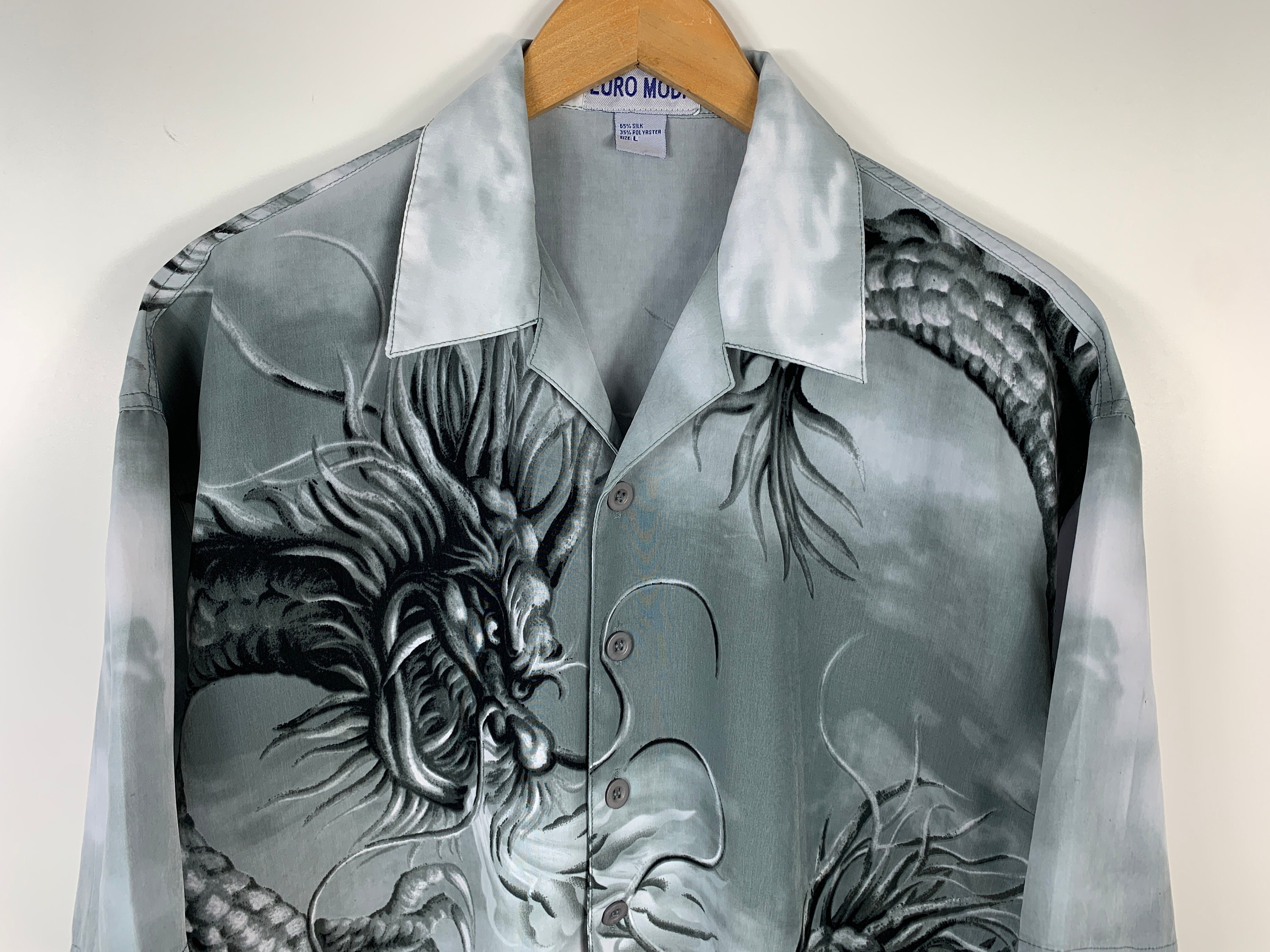 Vintage Y2K Dragon Graphics All Over Print Button up Shirt Gray Size L 