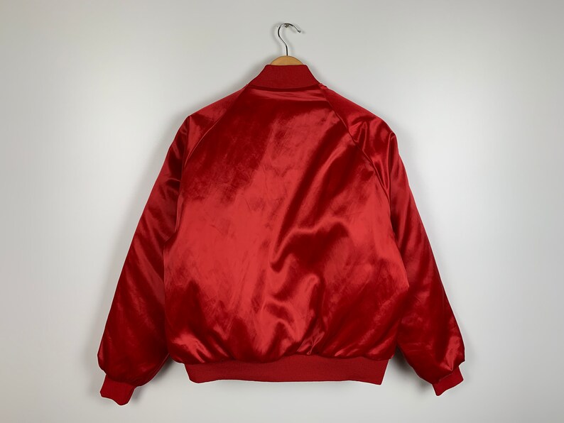 Vintage 80s Dunbrooke Red Satin Bomber Jacket Made in USA England Patch Size M