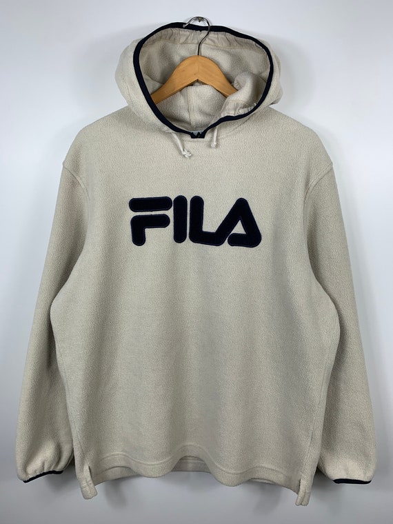 Vintage Fila Hooded Fleece Sweater Beige Big Logo