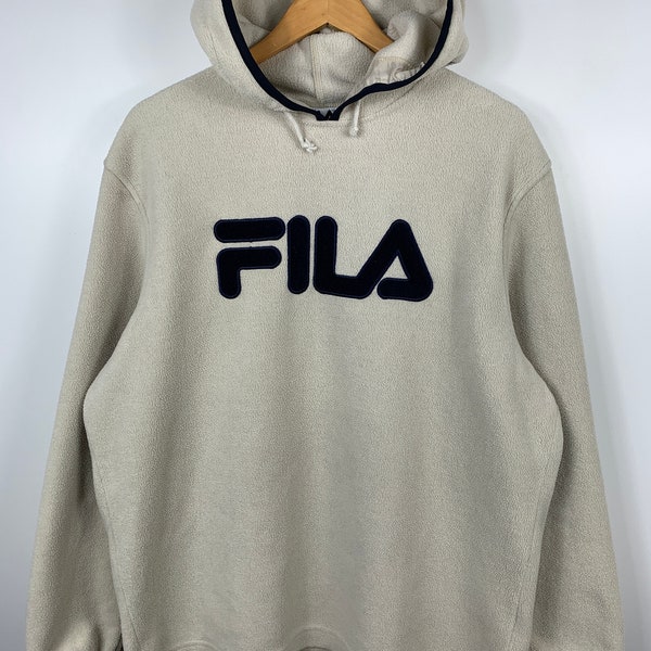 Vintage Fila Hooded Fleece Sweater Beige Big Logo Hoodie Authentic Oversize 90s Retro Warm Winter Sport Sweatshirt Rare Streetwear Size L