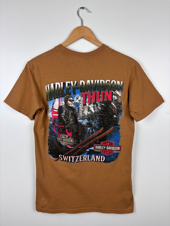 Mens Harley Davidson Thun Switzerland Graphic Print Brown Size ~S