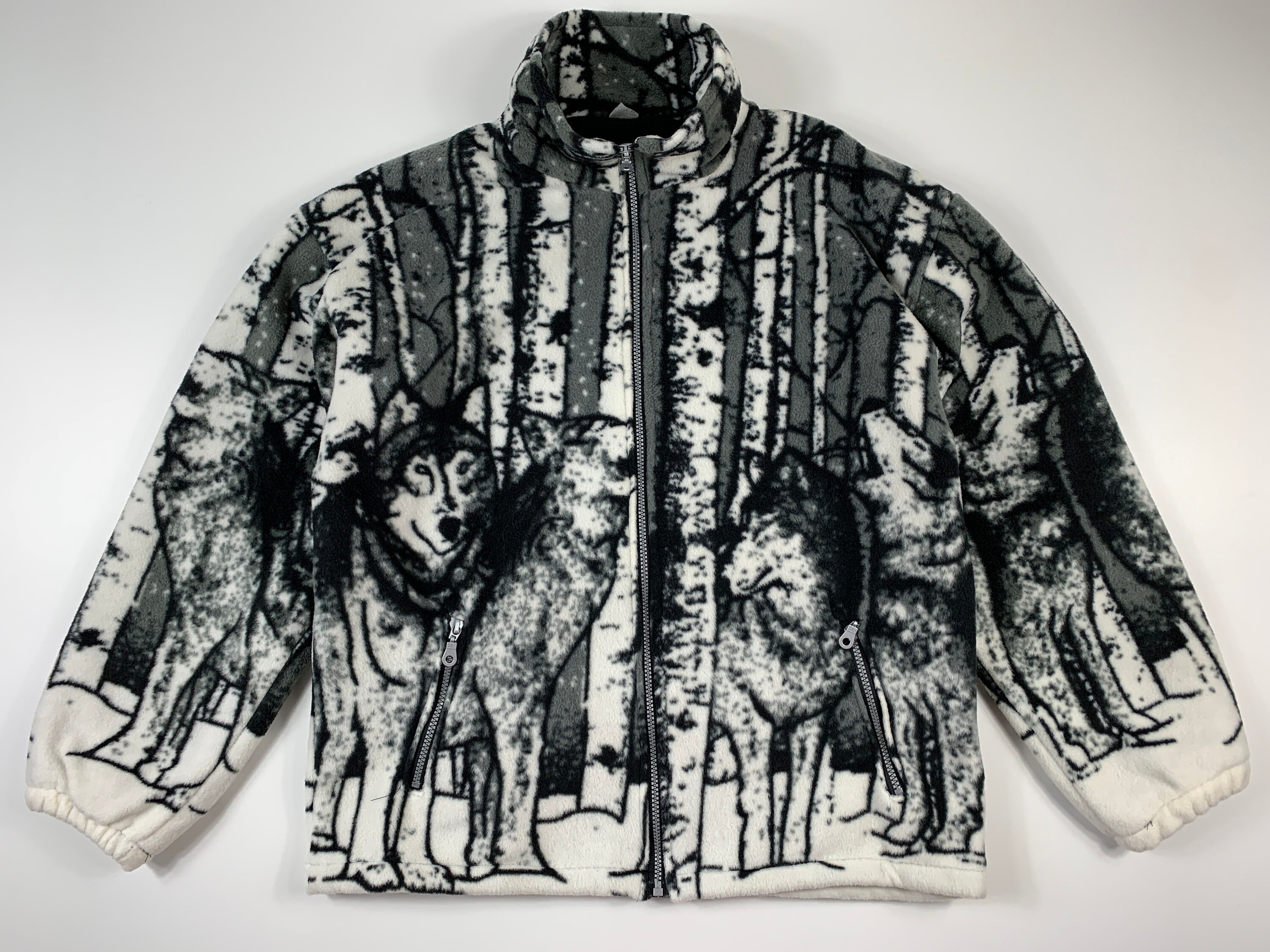 Vintage Wolf Fleece Sweater Full Zip All Over Print Jacket Vintage Wolf Fleece Sweater Full Zip All Over Print Jacket