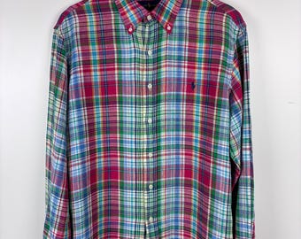 Camisa Polo Ralph Lauren Madras Xadrez de Linho Manga Longa Botão Down Masculina G