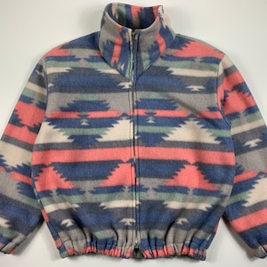 Vintage 90s Geometric Navajo Fleece Sweater Zip Jacket Multicolor Mens Size ~M-L