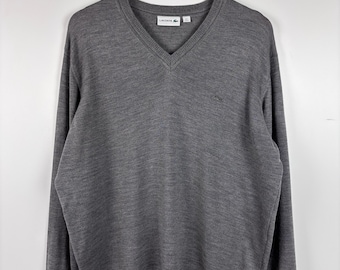 Heren Lacoste V-hals trui wollen pullover grijs maat XL