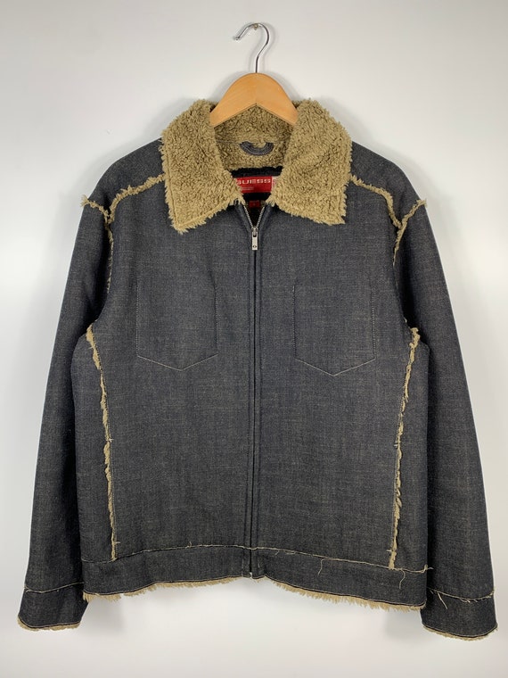 Vintage 90s Guess USA Sherpa Denim Jacket Gray Me… - image 1