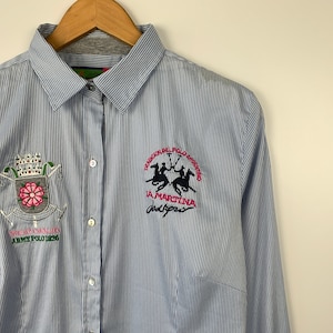 Womens La Martina Striped Button Down Shirt Embroidered Polo India 2 Size XL