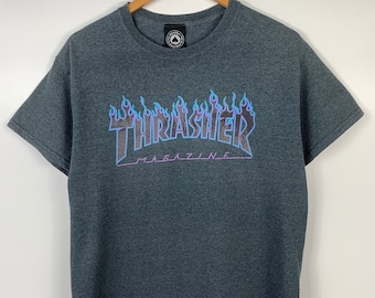 THRASHER MAGAZINE "Flame Logo" Skateboard T-Shirt NAVY BLUE S M L or XL Tee 