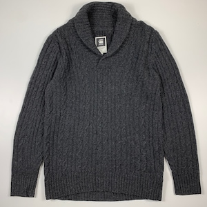 G-star Raw Sweater Higging Shawl Collar Knit Wool Cable Winter Warm Jumper Gray Mens Size XL