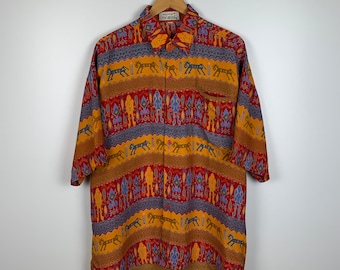 Vintage 90er Azteken Kurzarm Hawaii Party Strand Shirt Crazy Pattern Sommer Herren Größe XL