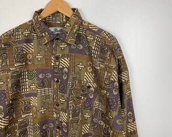 Blusa vintage Aztec Crazy Pattern com botões de manga comprida estilo hipster tamanho XL