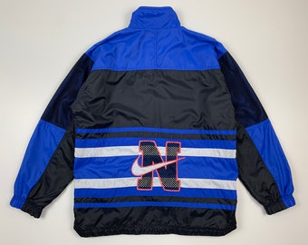 Nike Vintage 90s Full Zip Jacket Retro Windbreaker Big Logo Black Blue Big Swoosh Streetwear Rare Size S