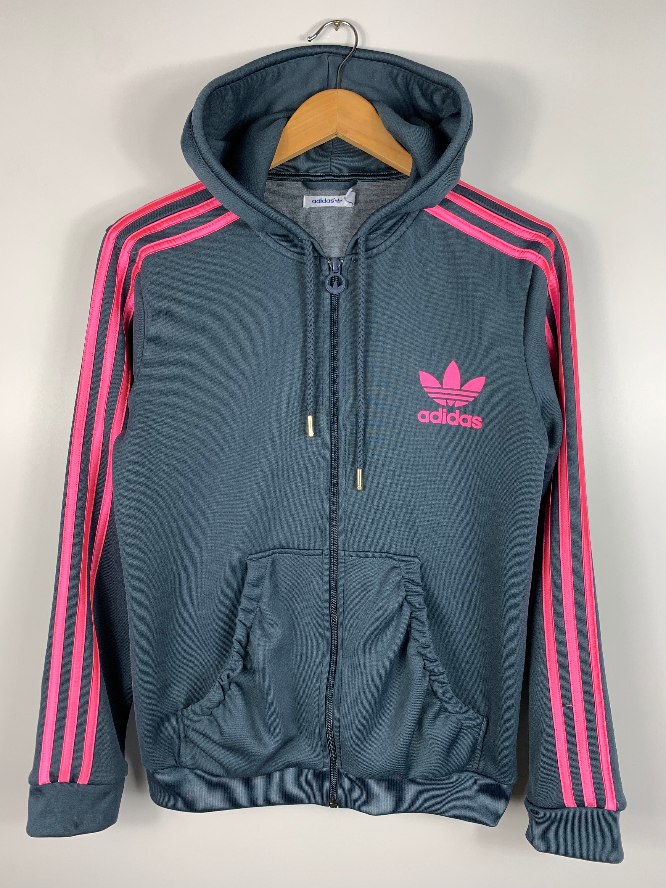 Pink adidas jacket with white stripes clearance
