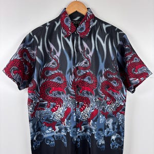 Mens Y2K Boston Dragon Fire Flame All Over Print Button Up Shirt Size M