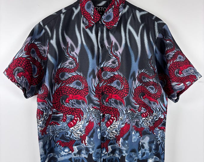 Early 00's BAM Shirt Gothic Y2K Dragon Graphic Red Short Sleeve Polyester Cotton Shirt