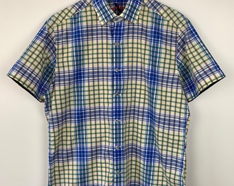 メンズ ロバート グラハム X ボタンアップ フランネル チェック柄半袖シャツ ブルー イエロー Sz M