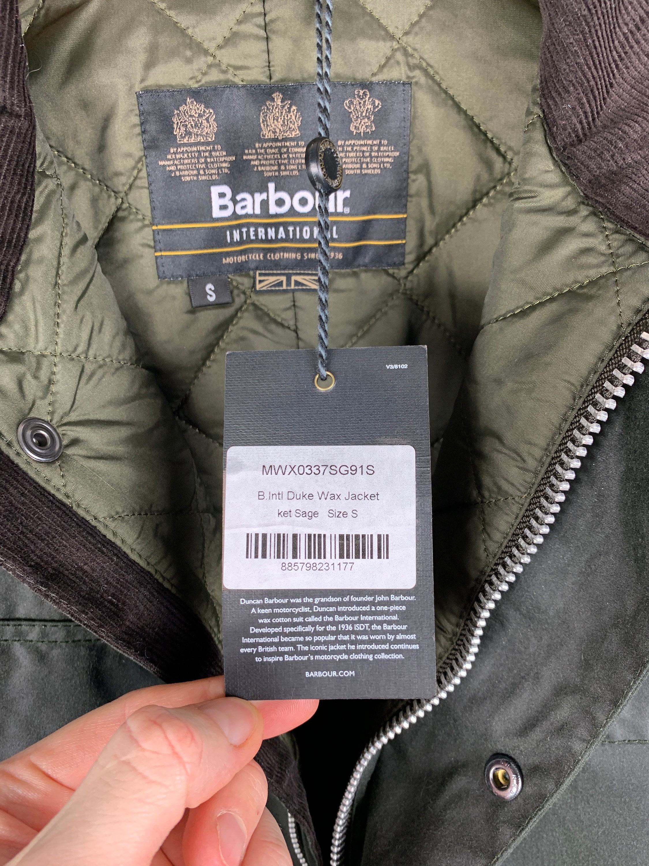 Mens Barbour Duke International TR Waxed Green Jacket Wax Coat Size S
