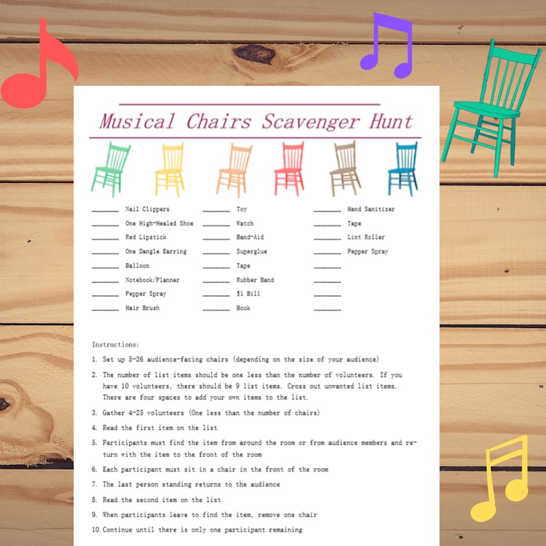 Musical Chairs Scavenger Hunt Printable Party Game Etsy