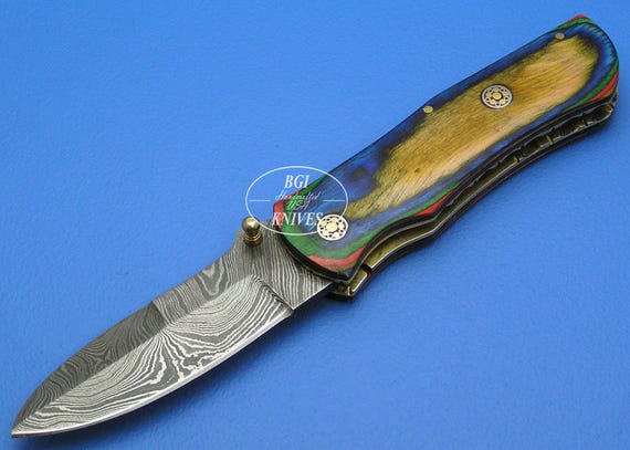 BELOW COST Plus 50% Off Sale BGIKnivesUSA Damascus Steel Multi Color Pakkawood Handle Liner Lock Folding Knife 323MC-1