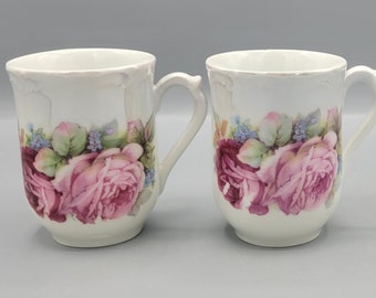Polish Antique Art Deco Lustreware Tea Cups ~ 1914-1922 Königszelt PK Silesia Mark Textured Porcelain, Rose Flowers Art Deco European China