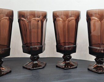 Vintage Fostoria Virginia Iced Tea Drinking Glasses Plum ~ Set of Paneled Stemware Glassware, Gem Cut Stem, Hex Base, Dinner Party Drinkware