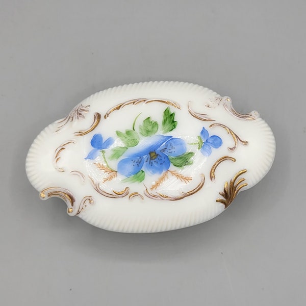 Victorian Dresser Trinket Box ~ Hand Painted Milk/ Opal Glass Jewelry or Powder Holder ~ Collectible 19th Century Glass ~ Blue Floral Motif