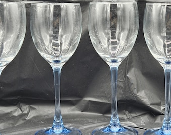 Cristal d'Arques Azur 4 French Crystal Wine Drinking Glasses ~ Clear Bowl, Blue Stem ~ Country Blue Dinnerware Matching Glassware, Stemware