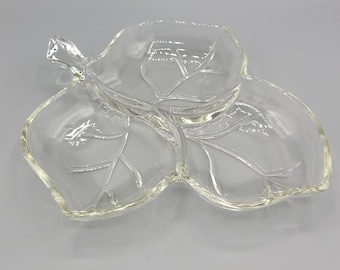 Hazel Atlas Fall Leaf Clear Glass Divided Dish, Serving Tray ~ Thanksgiving, Halloween, Autumnal Equinox Dinner Party Candy, Nuts, Condiment